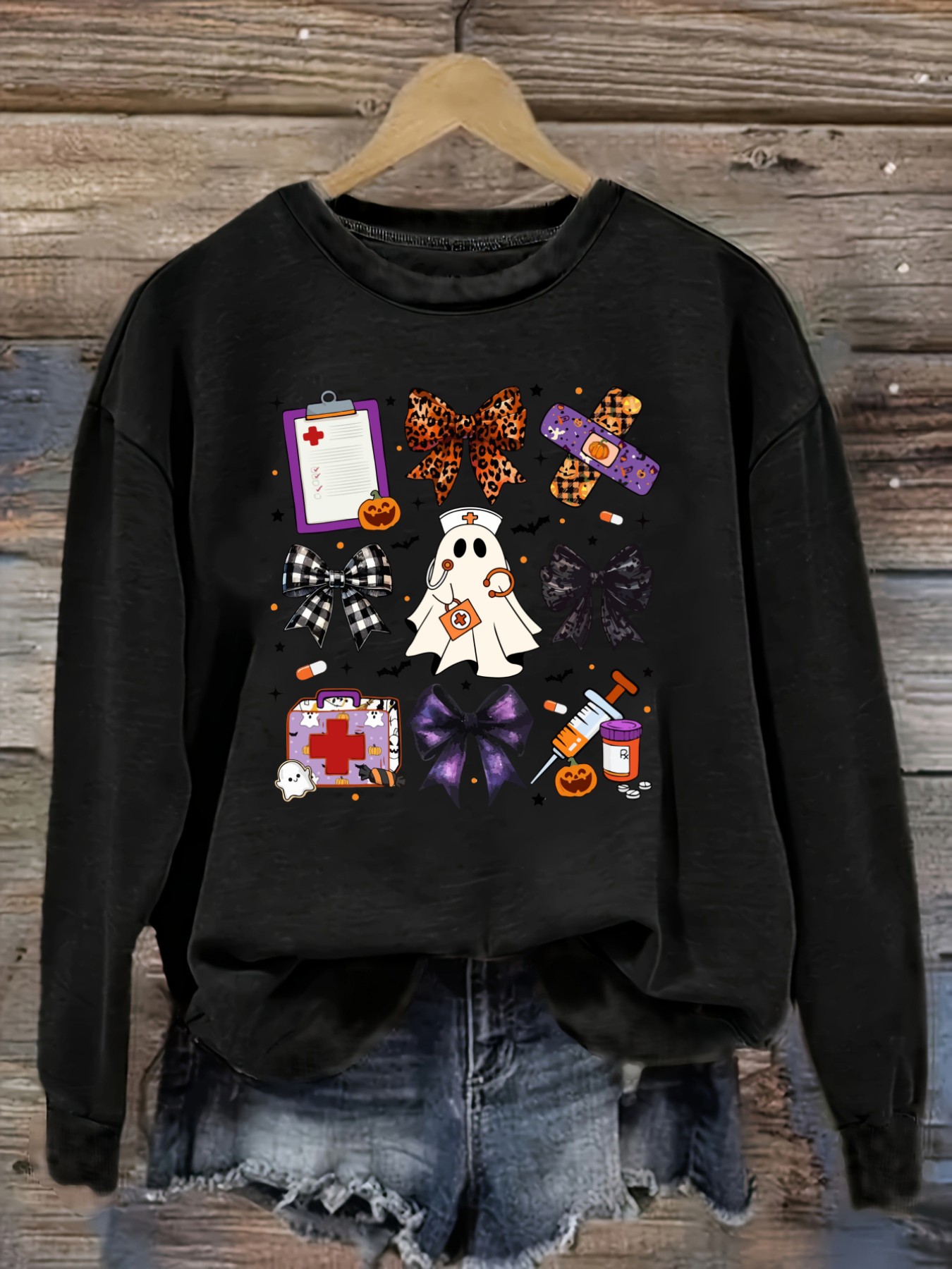 Winter Clothing Outfits - 여성 캐주얼 긴소매 크루넥 티셔츠, 할로윈