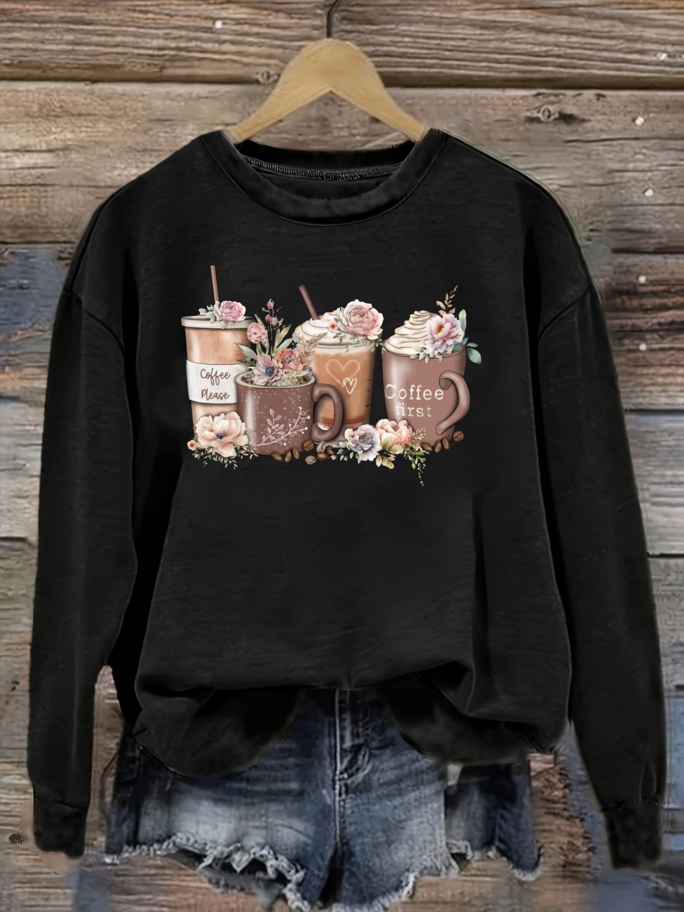 Winter Clothing Outfits - 여성 캐주얼 긴소매 크루넥 티셔츠, 커피컵