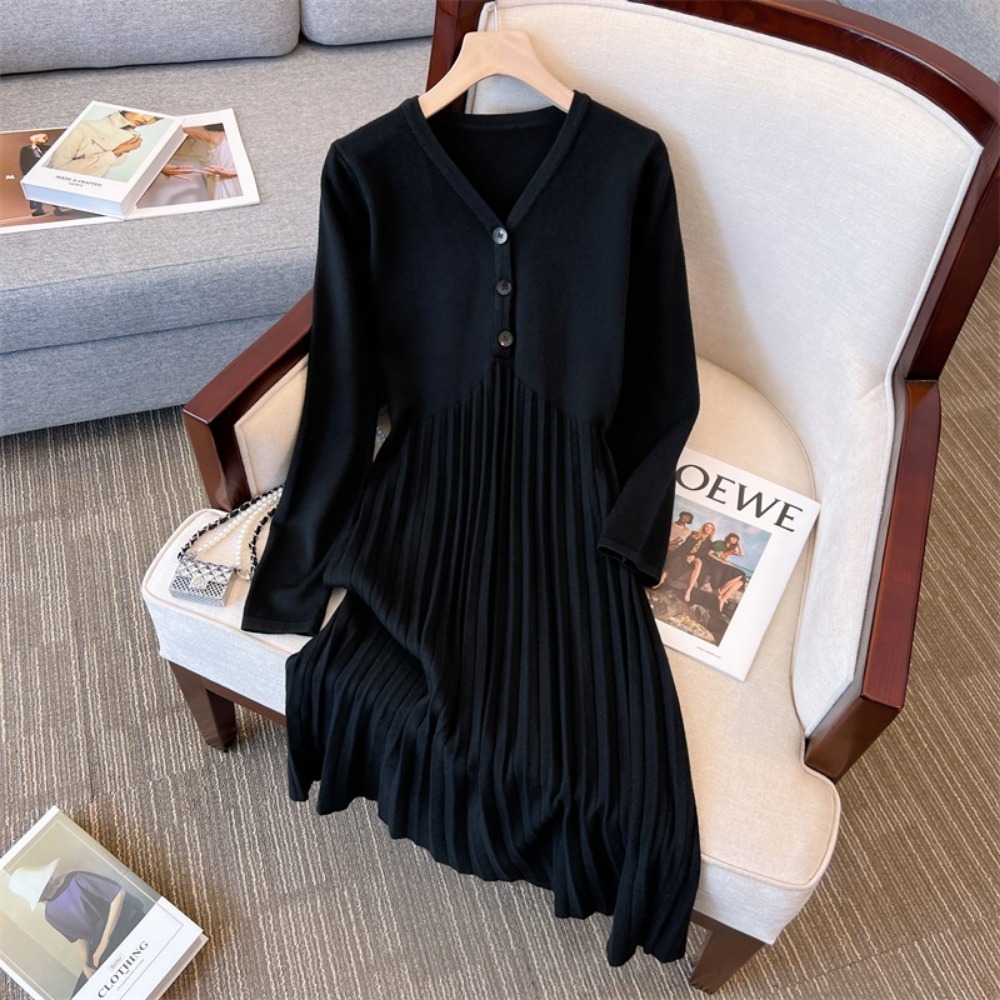 캐주얼 엘레강스 브이넥 버튼 니트 스플라이스드 가을 드 - Winter Clothing For Plus Size Women 리뷰 및 가격