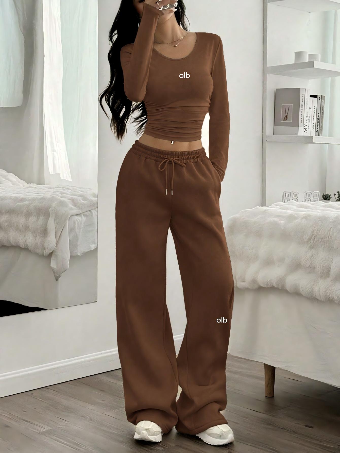 패션 여성 캐주얼 와이드 레그 팬츠 - 라운드넥 긴팔, - Winter Clothing Color 리뷰 및 가격