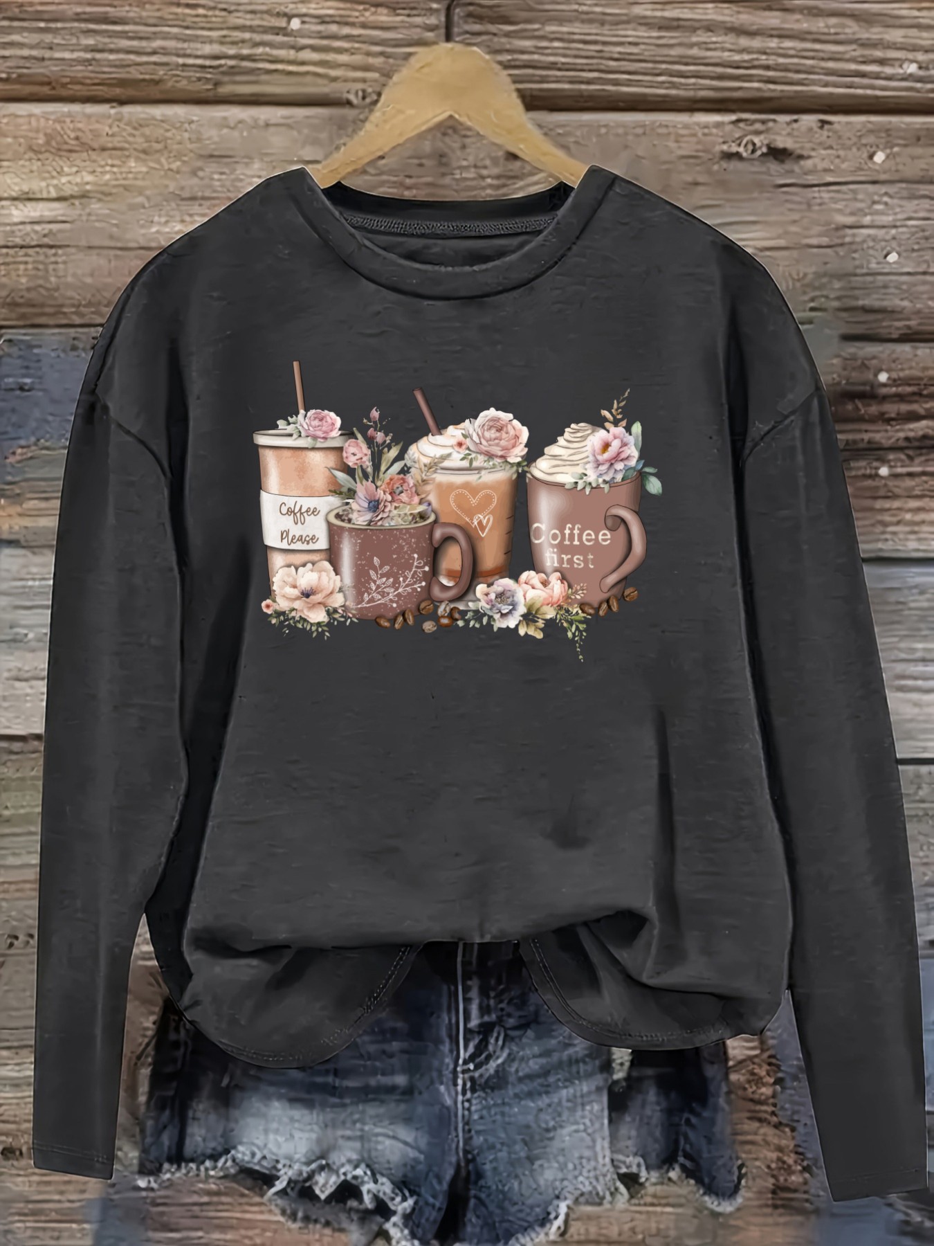 여성 캐주얼 긴소매 크루넥 티셔츠, 커피컵 꽃무늬 프린 - Winter Clothing Outfits 리뷰 및 가격