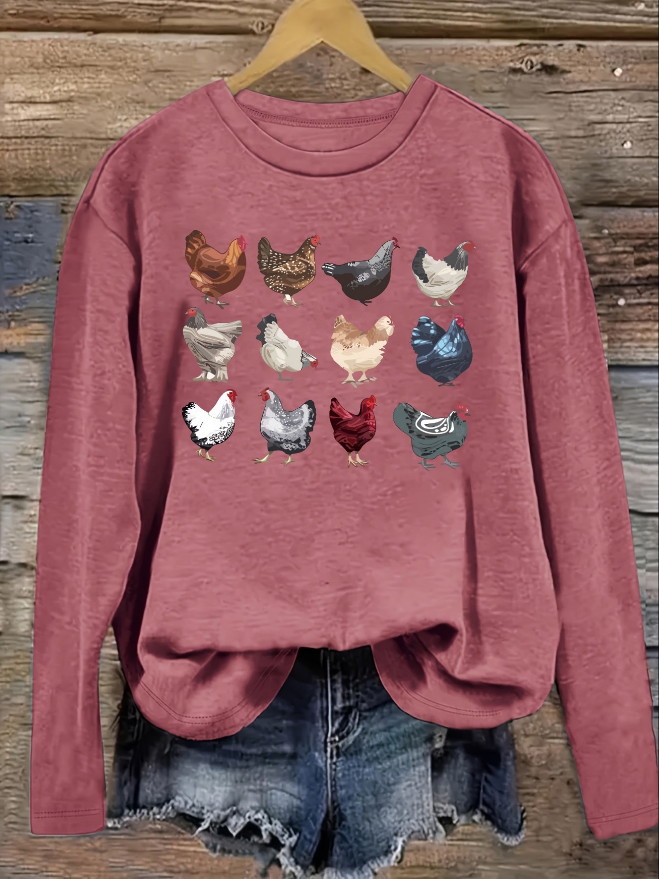 여성용 캐주얼 긴소매 크루넥 티셔츠, 화려한 닭 종류  - Winter Clothing Color 리뷰 및 가격