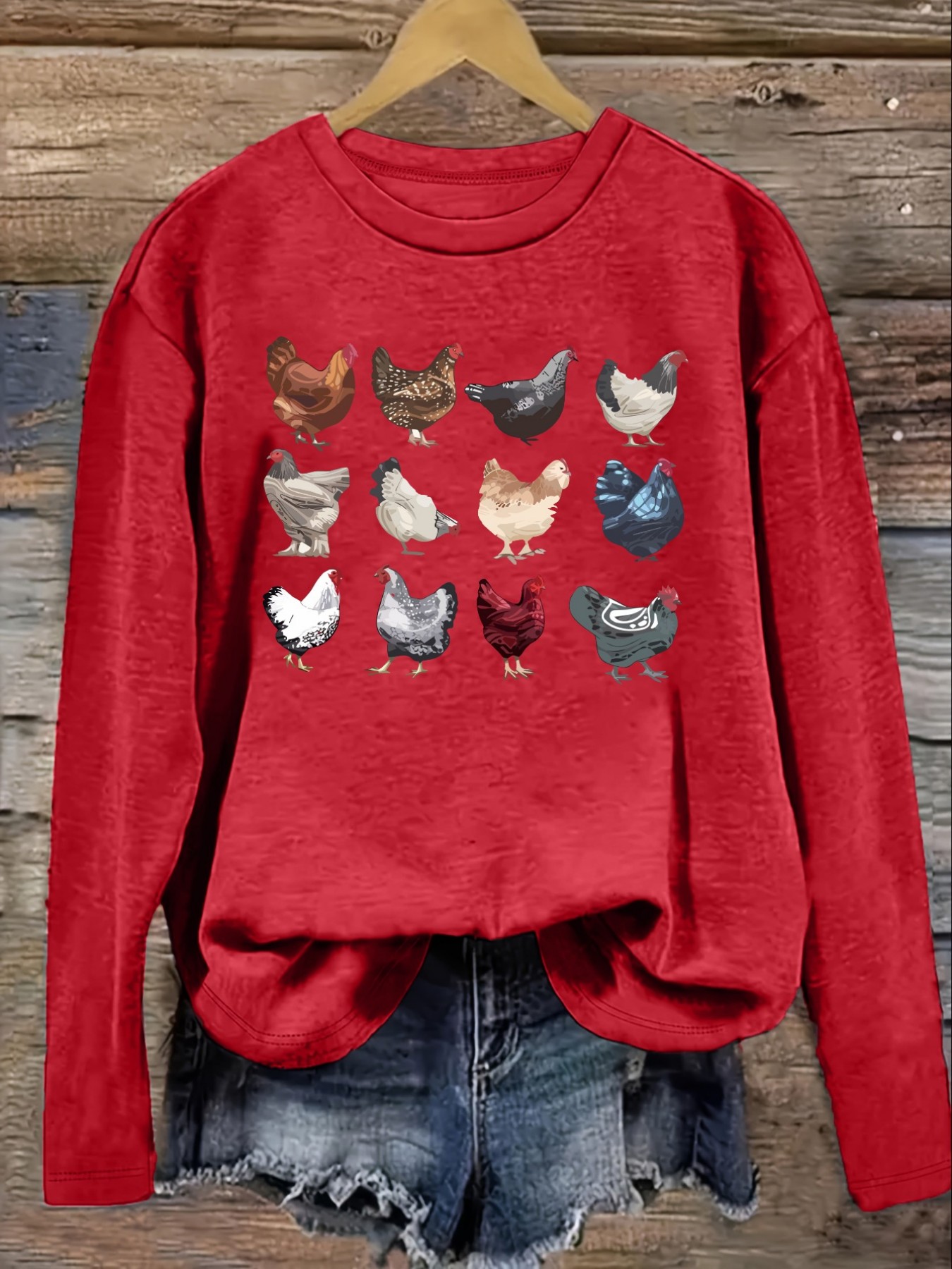 여성용 캐주얼 긴소매 크루넥 티셔츠, 화려한 닭 종류  - Winter Clothing Color 리뷰 및 가격