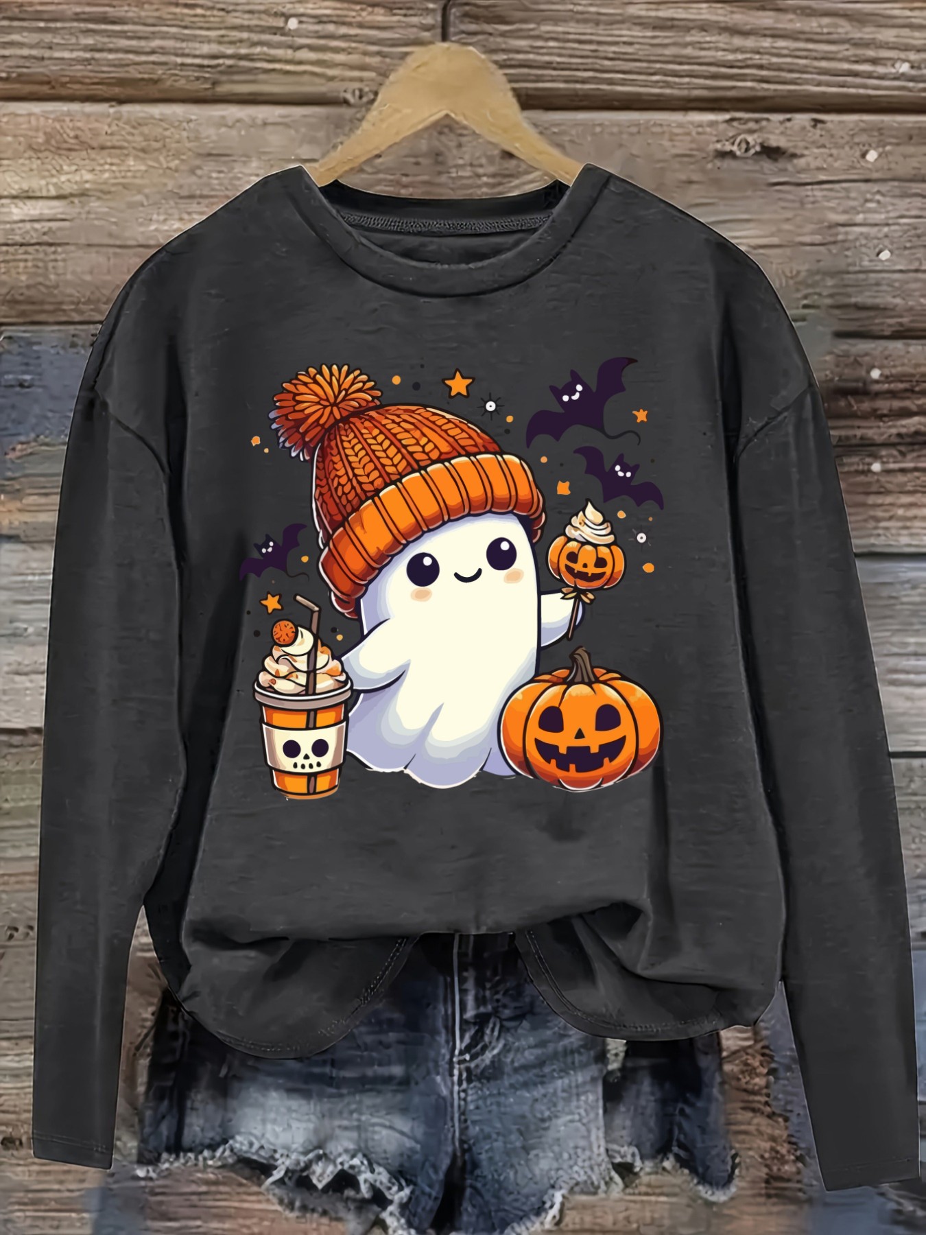 여성용 캐주얼 긴소매 크루넥 티셔츠, 귀여운 유령 할로 - Winter Clothing Outfits 리뷰 및 가격