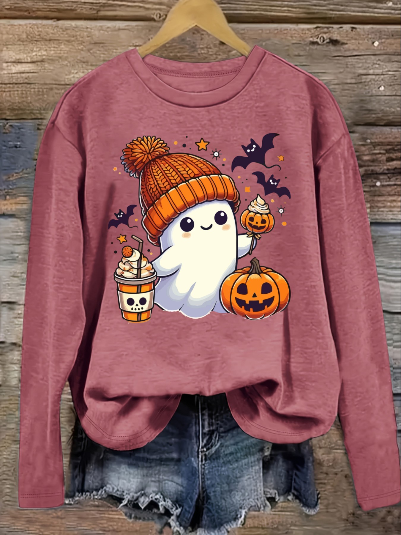 여성용 캐주얼 긴소매 크루넥 티셔츠, 귀여운 유령 할로 - Winter Clothing Outfits 리뷰 및 가격