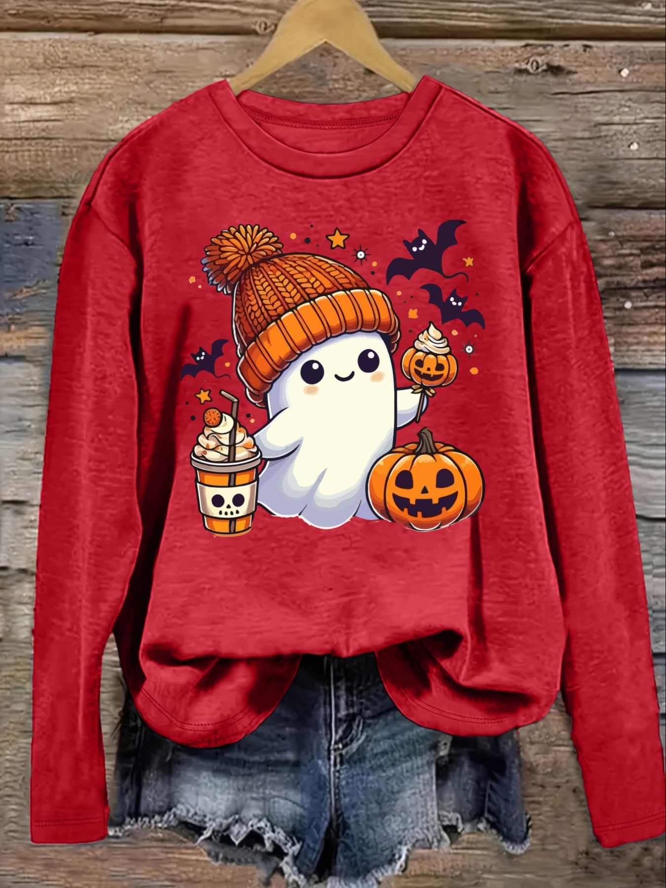 여성용 캐주얼 긴소매 크루넥 티셔츠, 귀여운 유령 할로 - Winter Clothing Outfits 리뷰 및 가격
