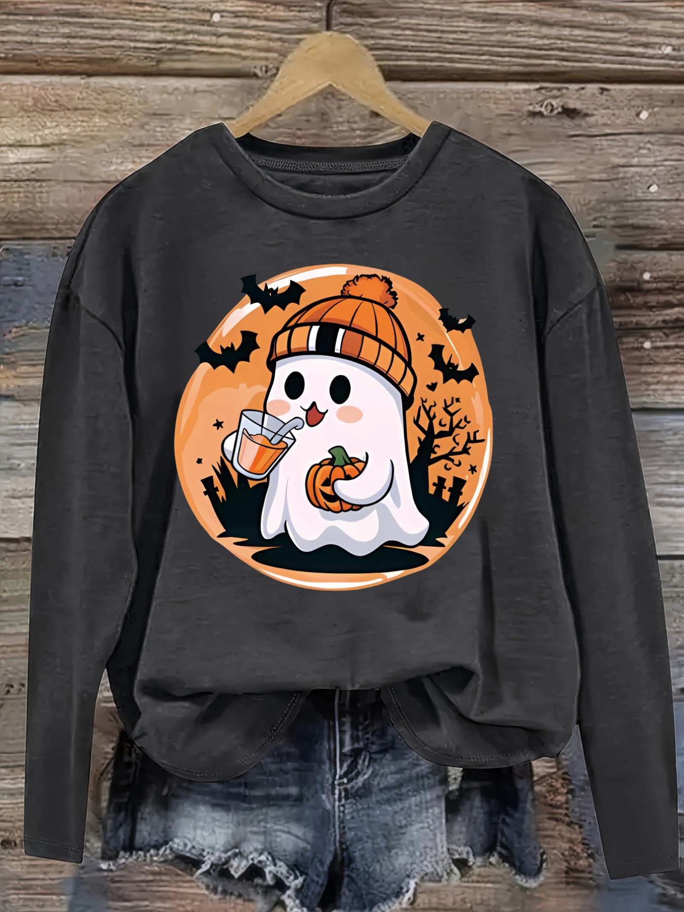 여성 캐주얼 긴소매 크루넥 티셔츠, 귀여운 유령이 호박 - Winter Clothing Outfits 리뷰 및 가격