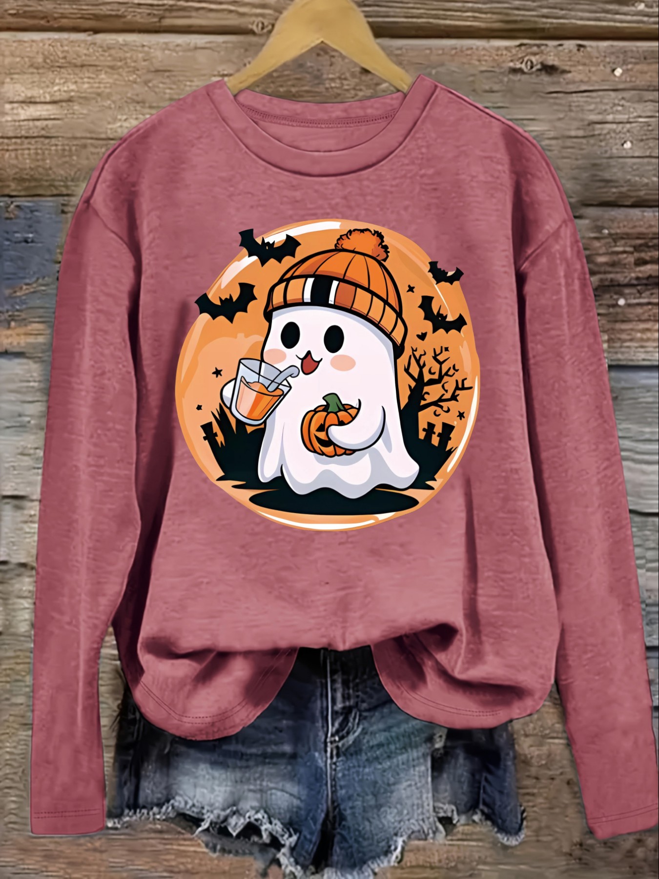 여성 캐주얼 긴소매 크루넥 티셔츠, 귀여운 유령이 호박 - Winter Clothing Outfits 리뷰 및 가격