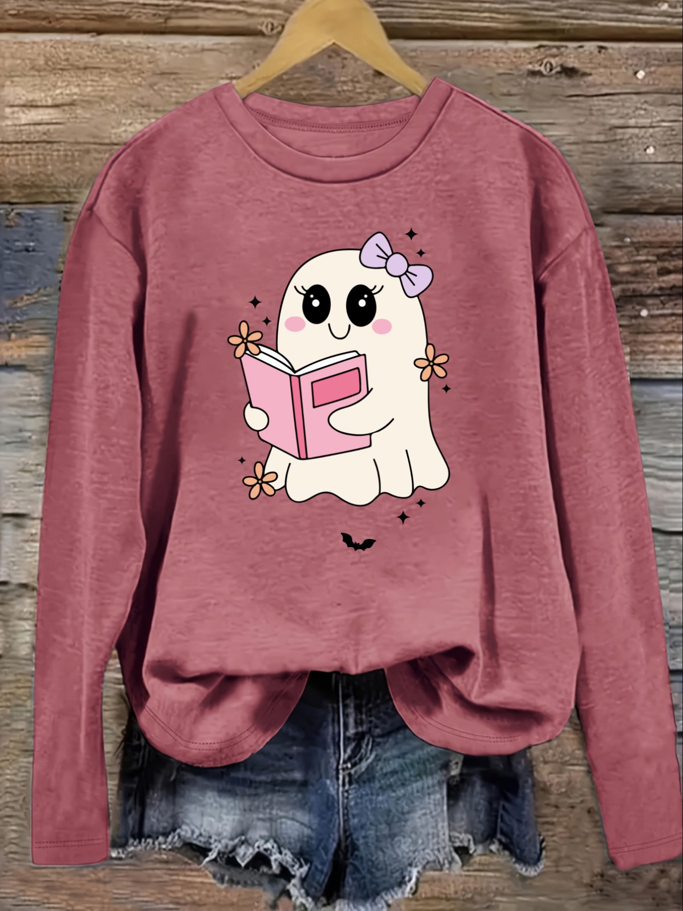 여성 캐주얼 긴소매 크루넥 티셔츠, 귀여운 유령이 핑크 - Winter Clothing Outfits 리뷰 및 가격